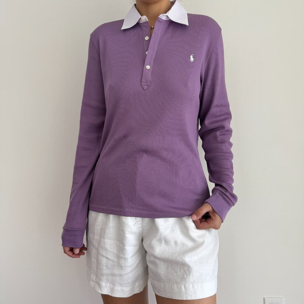 Ralph Lauren Polo Shirt Womens XL Purple Rugby Cotton Rib Knit Contrast Collar - Picture 5 of 10